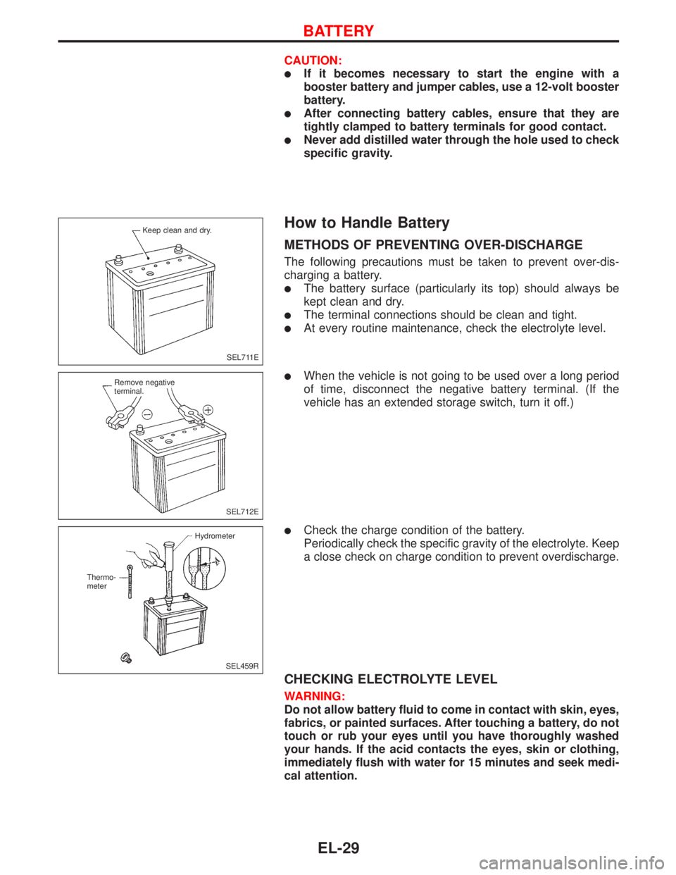 NISSAN PRIMERA 1999  Electronic Repair Manual CAUTION:
If it becomes necessary to start the engine with a
booster battery and jumper cables, use a 12-volt booster
battery.
After connecting battery cables, ensure that they are
tightly clamped to