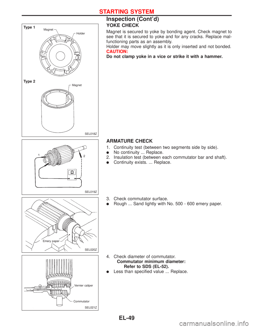 NISSAN PRIMERA 1999  Electronic Repair Manual YOKE CHECK
Magnet is secured to yoke by bonding agent. Check magnet to
see that it is secured to yoke and for any cracks. Replace mal-
functioning parts as an assembly.
Holder may move slightly as it 