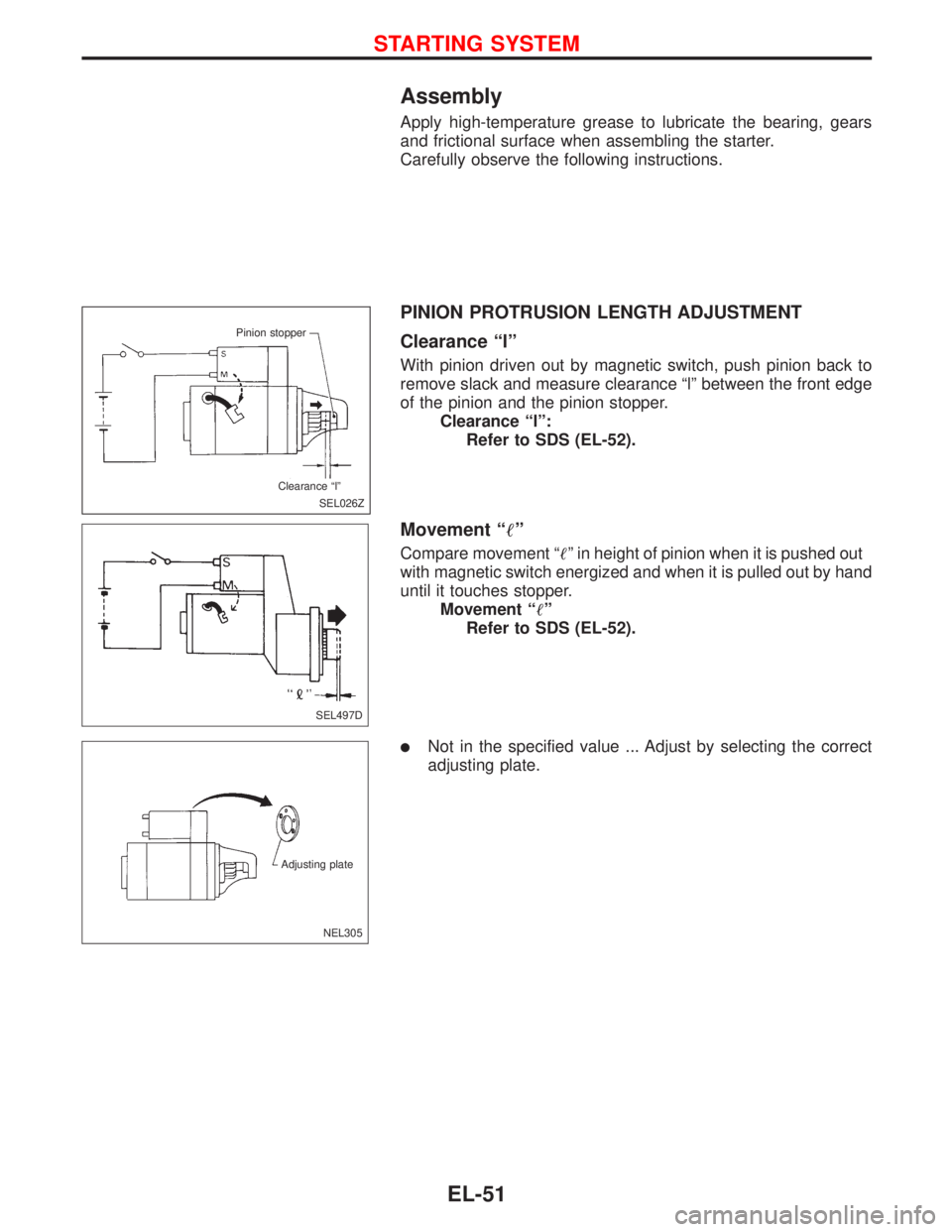 NISSAN PRIMERA 1999  Electronic Repair Manual Assembly
Apply high-temperature grease to lubricate the bearing, gears
and frictional surface when assembling the starter.
Carefully observe the following instructions.
PINION PROTRUSION LENGTH ADJUST