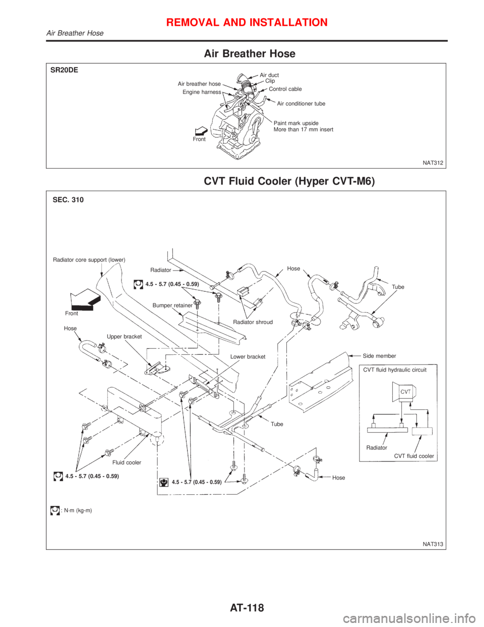 NISSAN PRIMERA 1999  Electronic Repair Manual Air Breather Hose
CVT Fluid Cooler (Hyper CVT-M6)
Air duct
Clip
Control cable
Air conditioner tube
Paint mark upside
More than 17 mm insert
Front Engine harness Air breather hose
NAT312
SR20DE
Radiato