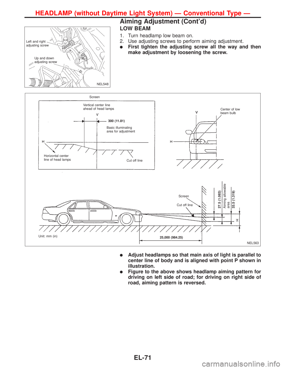 NISSAN PRIMERA 1999  Electronic Repair Manual LOW BEAM
1. Turn headlamp low beam on.
2. Use adjusting screws to perform aiming adjustment.
First tighten the adjusting screw all the way and then
make adjustment by loosening the screw.
Adjust hea