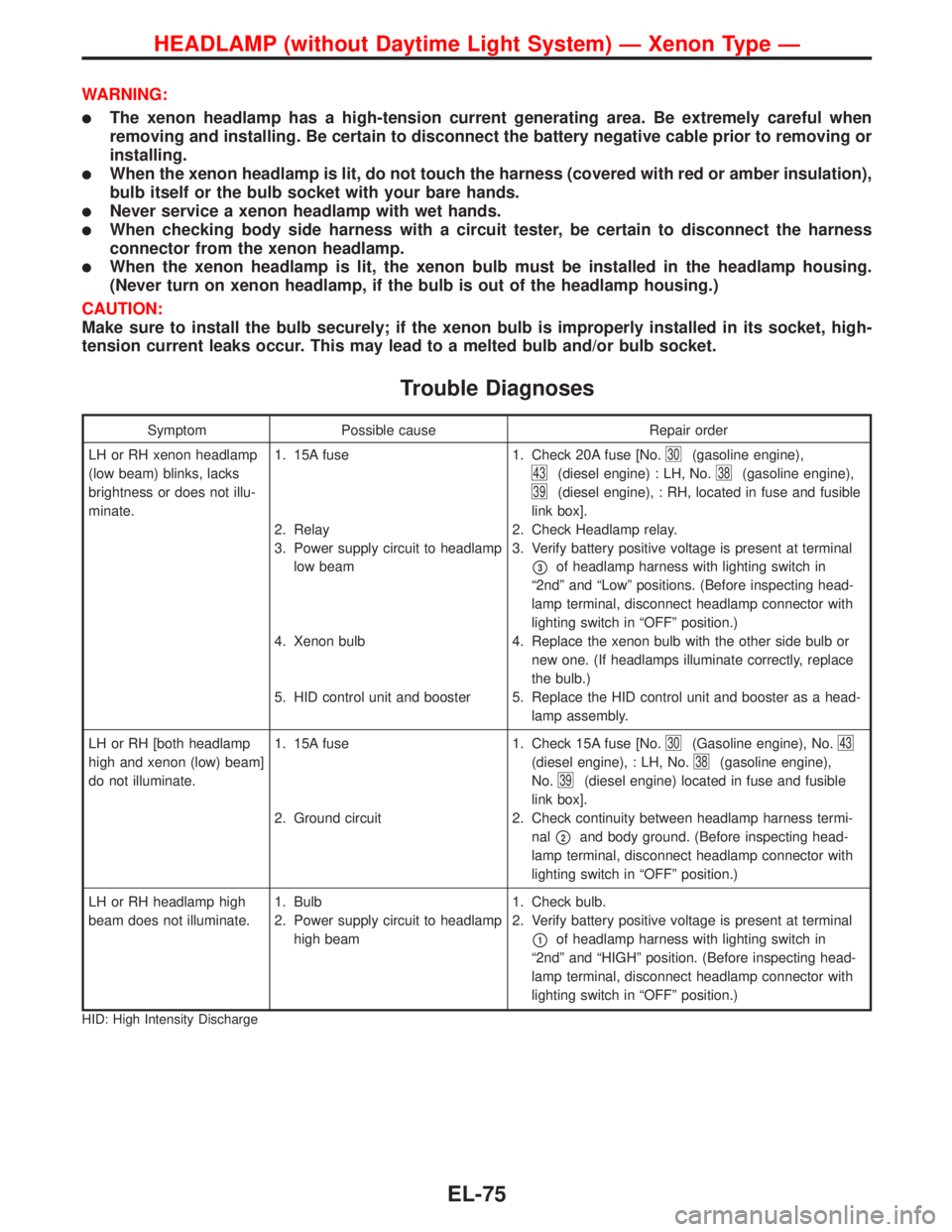 NISSAN PRIMERA 1999  Electronic Repair Manual WARNING:
The xenon headlamp has a high-tension current generating area. Be extremely careful when
removing and installing. Be certain to disconnect the battery negative cable prior to removing or
ins