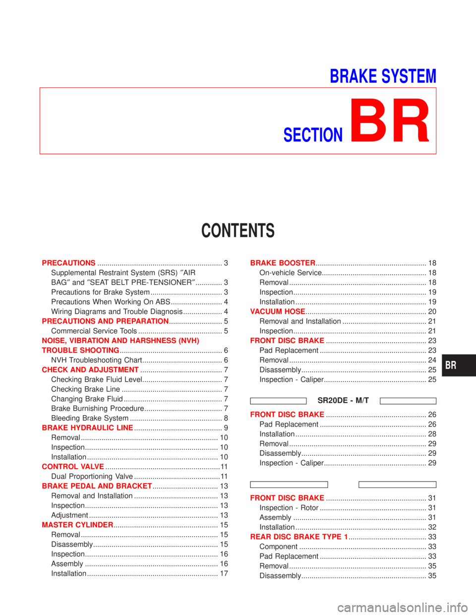 NISSAN PRIMERA 1999  Electronic Repair Manual BRAKE SYSTEM
SECTION
BR
CONTENTS
PRECAUTIONS............................................................. 3
Supplemental Restraint System (SRS)²AIR
BAG²and²SEAT BELT PRE-TENSIONER²............. 3
