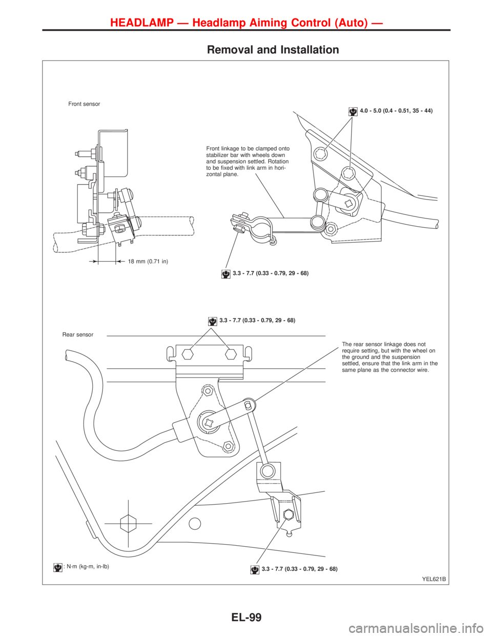 NISSAN PRIMERA 1999  Electronic Repair Manual Removal and Installation
Front sensor
YEL621B
4.0 - 5.0 (0.4 - 0.51, 35 - 44)
Front linkage to be clamped onto
stabilizer bar with wheels down
and suspension settled. Rotation
to be fixed with link ar