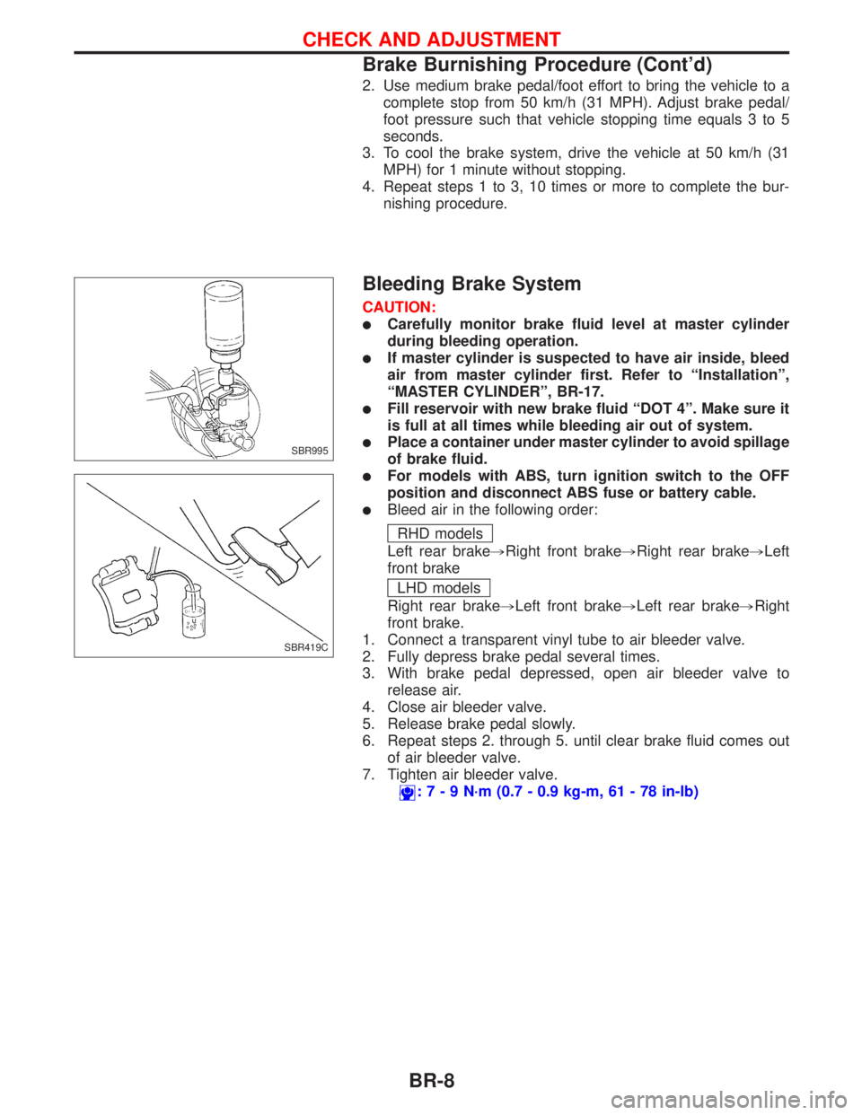 NISSAN PRIMERA 1999 Electronic Repair Manual 2. Use medium brake pedal/foot effort to bring the vehicle to a
complete stop from 50 km/h (31 MPH). Adjust brake pedal/
foot pressure such that vehicle stopping time equals 3 to 5
seconds.
3. To cool NISSAN PRIMERA 1999 Electronic Repair Manual 2. Use medium brake pedal/foot effort to bring the vehicle to a
complete stop from 50 km/h (31 MPH). Adjust brake pedal/
foot pressure such that vehicle stopping time equals 3 to 5
seconds.
3. To cool