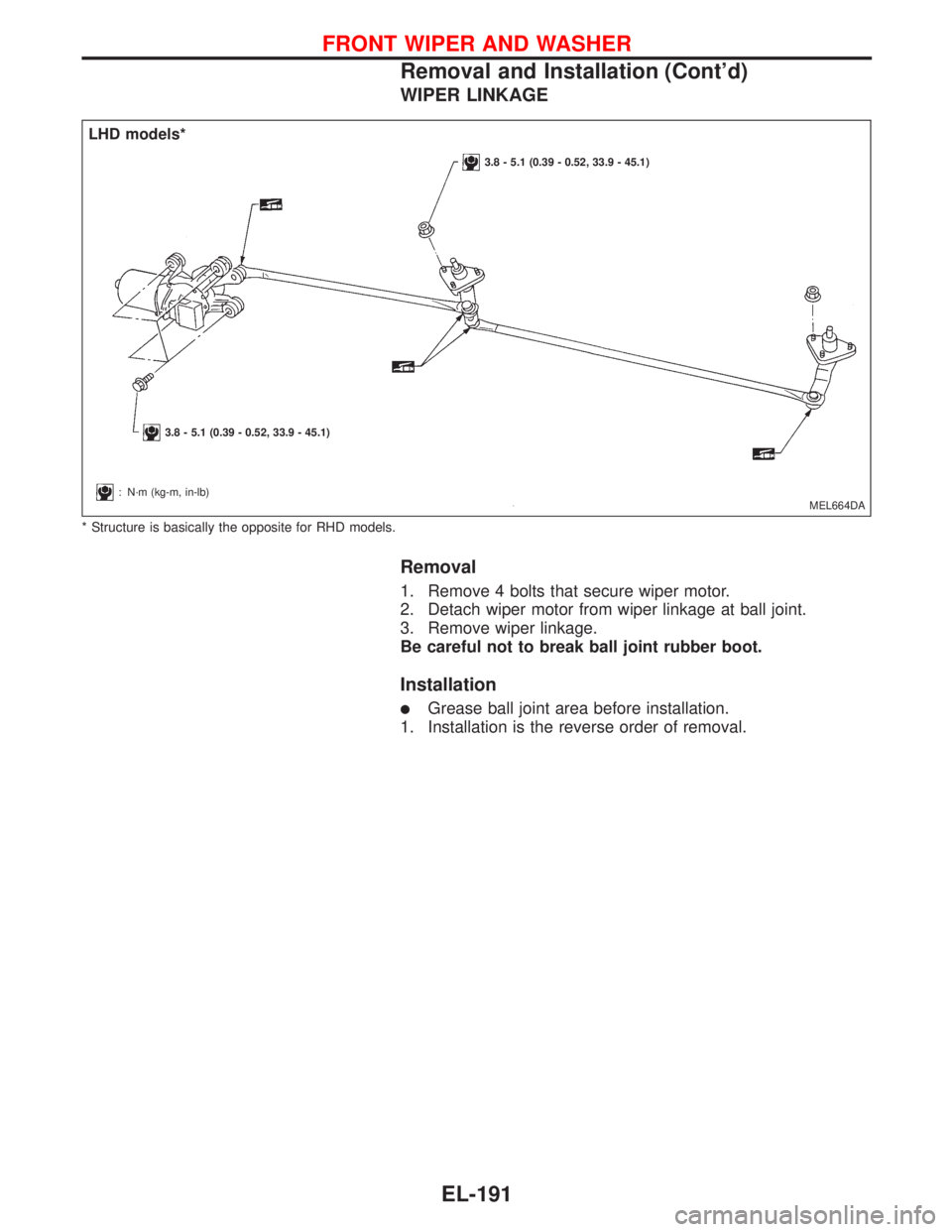 NISSAN PRIMERA 1999  Electronic Repair Manual WIPER LINKAGE
* Structure is basically the opposite for RHD models.
Removal
1. Remove 4 bolts that secure wiper motor.
2. Detach wiper motor from wiper linkage at ball joint.
3. Remove wiper linkage.
