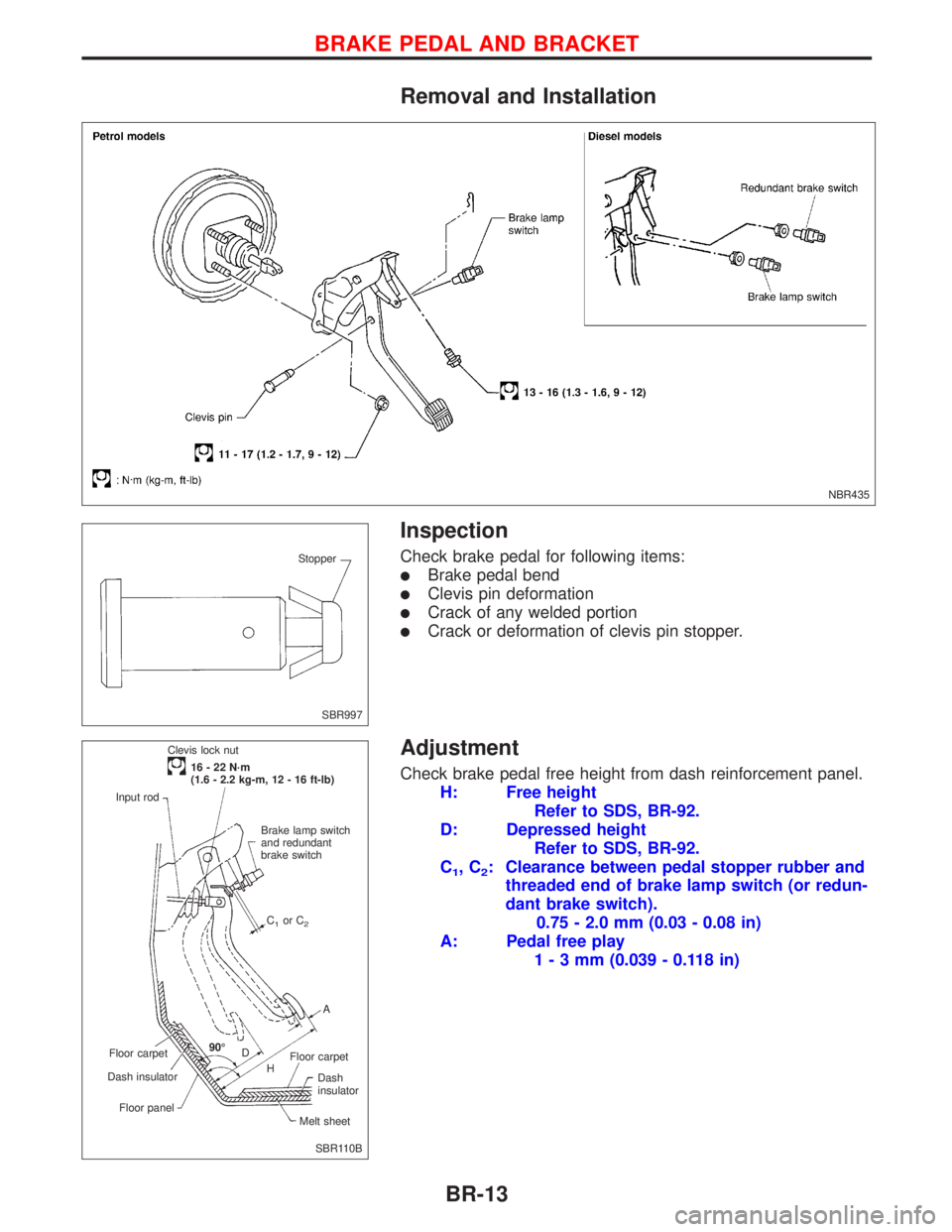 NISSAN PRIMERA 1999  Electronic Repair Manual Removal and Installation
Inspection
Check brake pedal for following items:
lBrake pedal bend
lClevis pin deformation
lCrack of any welded portion
lCrack or deformation of clevis pin stopper.
Adjustmen
