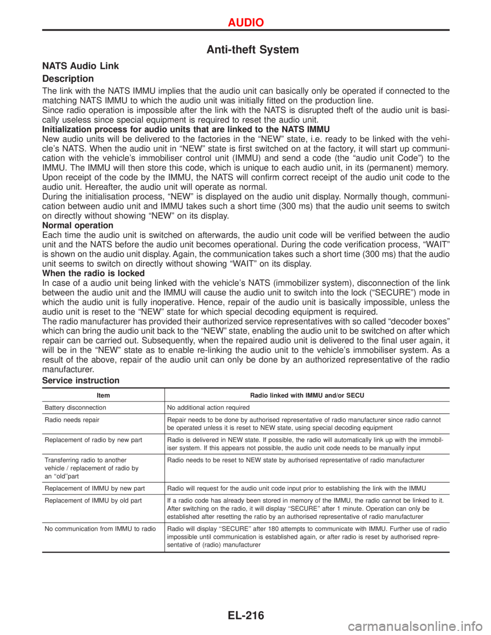 NISSAN PRIMERA 1999  Electronic Repair Manual Anti-theft System
NATS Audio Link
Description
The link with the NATS IMMU implies that the audio unit can basically only be operated if connected to the
matching NATS IMMU to which the audio unit was 