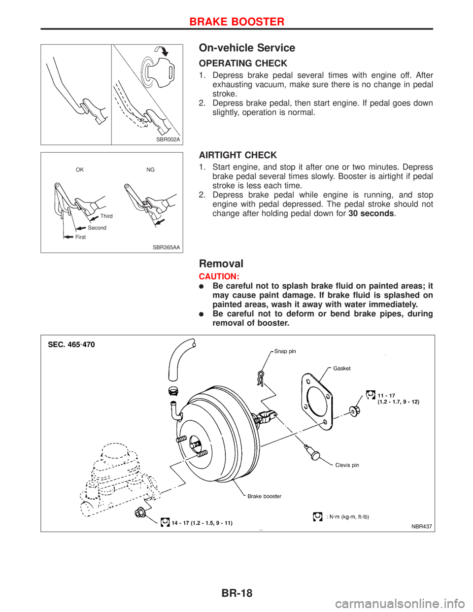 NISSAN PRIMERA 1999  Electronic Repair Manual On-vehicle Service
OPERATING CHECK
1. Depress brake pedal several times with engine off. After
exhausting vacuum, make sure there is no change in pedal
stroke.
2. Depress brake pedal, then start engin