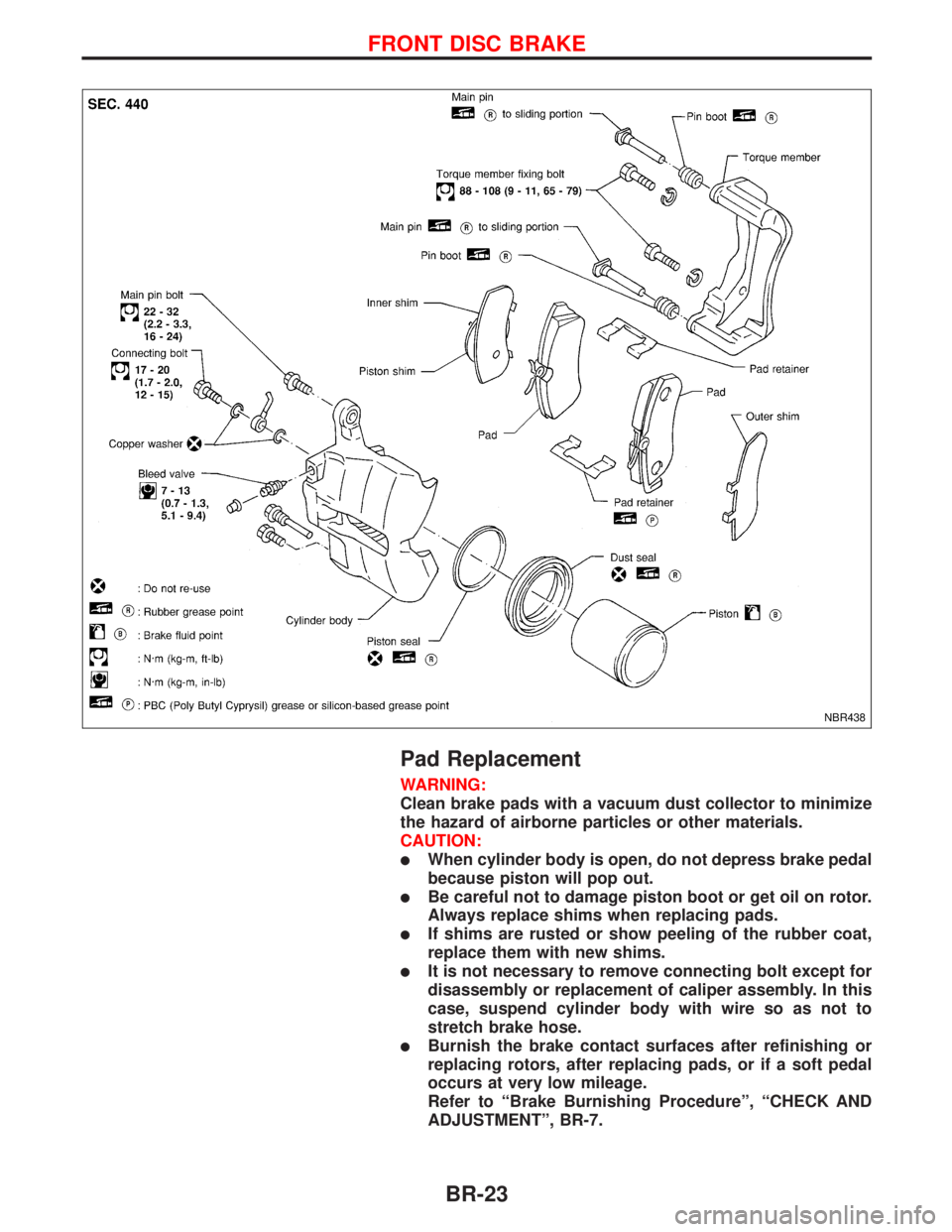 NISSAN PRIMERA 1999  Electronic Repair Manual Pad Replacement
WARNING:
Clean brake pads with a vacuum dust collector to minimize
the hazard of airborne particles or other materials.
CAUTION:
lWhen cylinder body is open, do not depress brake pedal