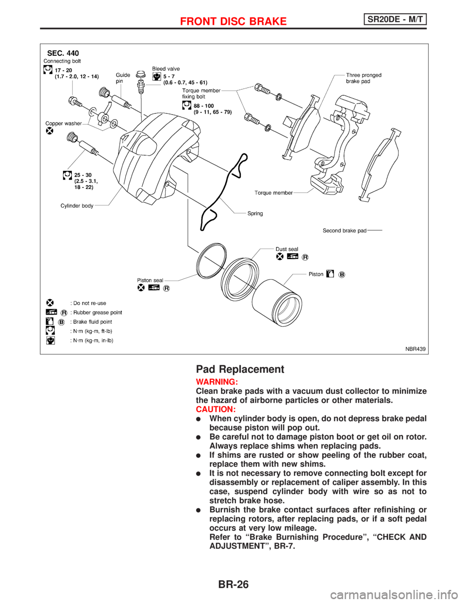 NISSAN PRIMERA 1999  Electronic Repair Manual Pad Replacement
WARNING:
Clean brake pads with a vacuum dust collector to minimize
the hazard of airborne particles or other materials.
CAUTION:
lWhen cylinder body is open, do not depress brake pedal