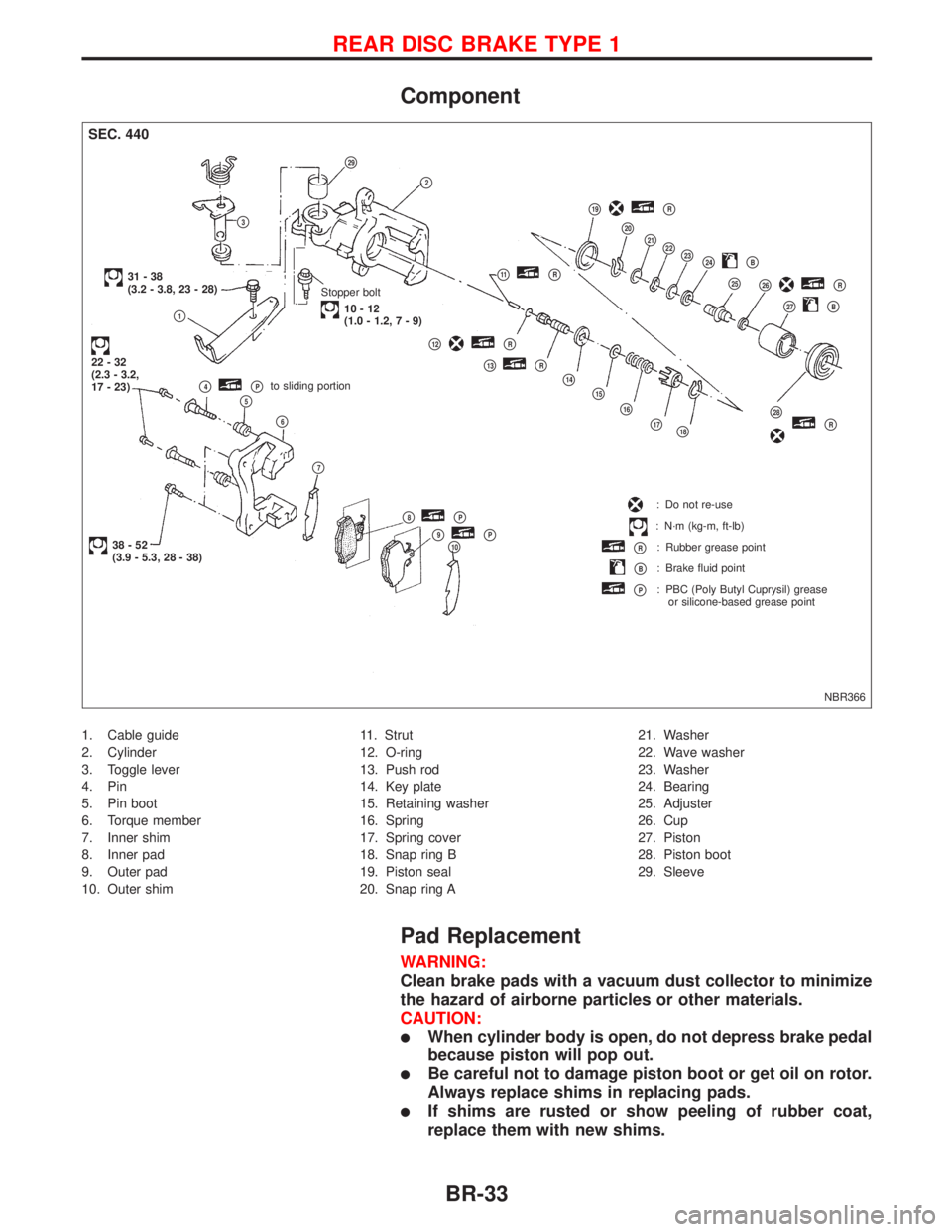 NISSAN PRIMERA 1999 Electronic Repair Manual Component
1. Cable guide
2. Cylinder
3. Toggle lever
4. Pin
5. Pin boot
6. Torque member
7. Inner shim
8. Inner pad
9. Outer pad
10. Outer shim11. Strut
12. O-ring
13. Push rod
14. Key plate
15. Retai NISSAN PRIMERA 1999 Electronic Repair Manual Component
1. Cable guide
2. Cylinder
3. Toggle lever
4. Pin
5. Pin boot
6. Torque member
7. Inner shim
8. Inner pad
9. Outer pad
10. Outer shim11. Strut
12. O-ring
13. Push rod
14. Key plate
15. Retai