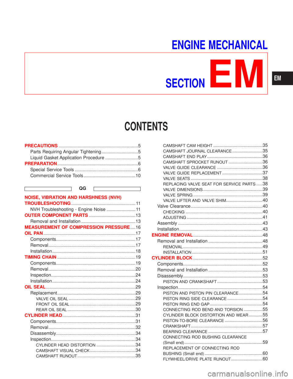 NISSAN PRIMERA 1999 Electronic Repair Manual ENGINE MECHANICAL
SECTION
EM
CONTENTS
PRECAUTIONS...............................................................5
Parts Requiring Angular Tightening .............................5
Liquid Gasket Applic NISSAN PRIMERA 1999 Electronic Repair Manual ENGINE MECHANICAL
SECTION
EM
CONTENTS
PRECAUTIONS...............................................................5
Parts Requiring Angular Tightening .............................5
Liquid Gasket Applic