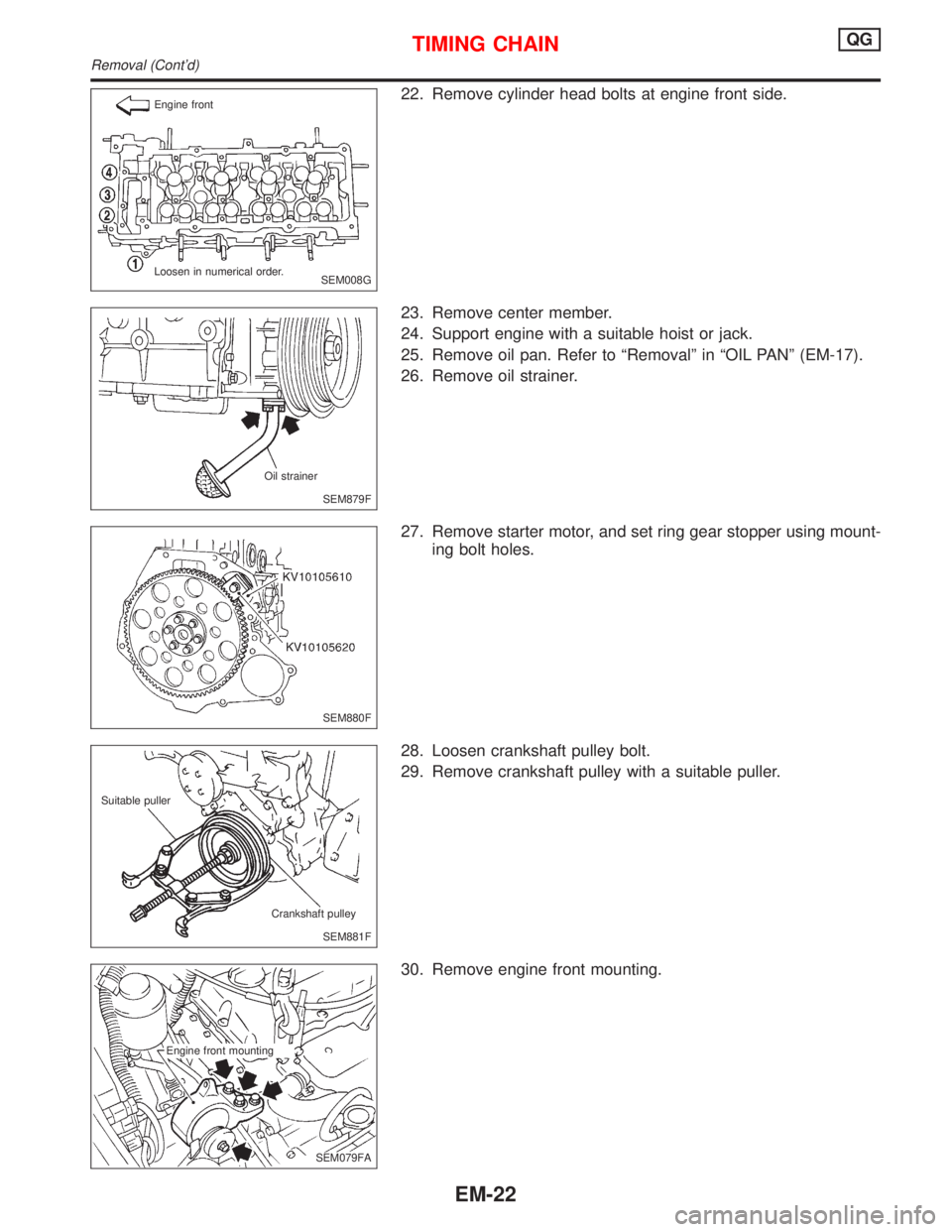 NISSAN PRIMERA 1999 Electronic Repair Manual 22. Remove cylinder head bolts at engine front side.
23. Remove center member.
24. Support engine with a suitable hoist or jack.
25. Remove oil pan. Refer to ªRemovalº in ªOIL PANº (EM-17).
26. Re NISSAN PRIMERA 1999 Electronic Repair Manual 22. Remove cylinder head bolts at engine front side.
23. Remove center member.
24. Support engine with a suitable hoist or jack.
25. Remove oil pan. Refer to ªRemovalº in ªOIL PANº (EM-17).
26. Re