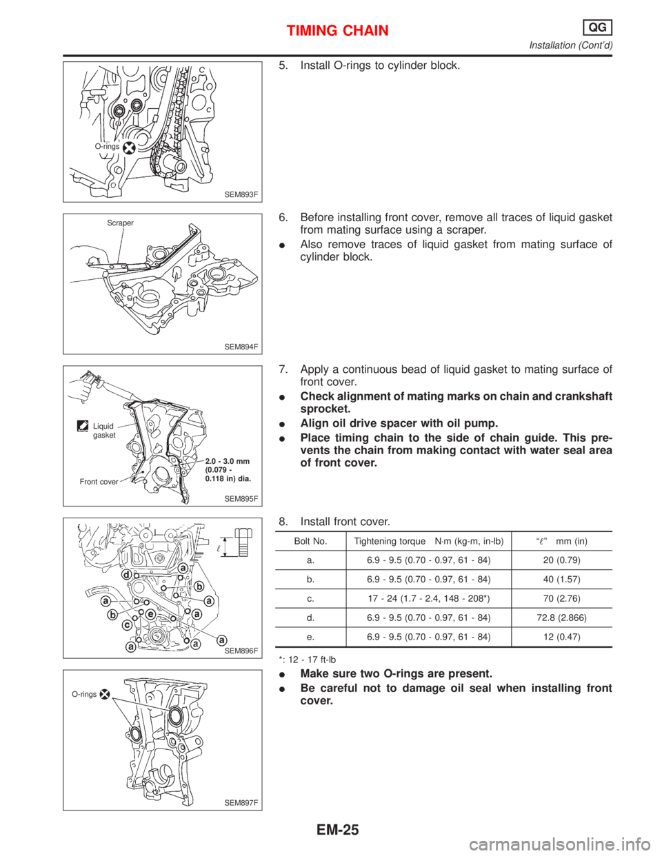 NISSAN PRIMERA 1999 Electronic Repair Manual 5. Install O-rings to cylinder block.
6. Before installing front cover, remove all traces of liquid gasket
from mating surface using a scraper.
IAlso remove traces of liquid gasket from mating surface NISSAN PRIMERA 1999 Electronic Repair Manual 5. Install O-rings to cylinder block.
6. Before installing front cover, remove all traces of liquid gasket
from mating surface using a scraper.
IAlso remove traces of liquid gasket from mating surface