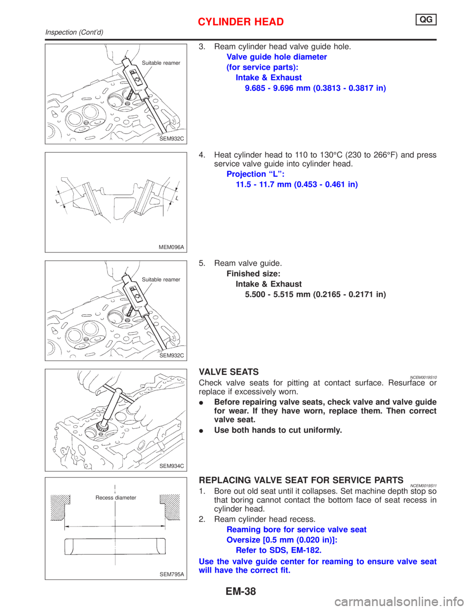 NISSAN PRIMERA 1999 Electronic Repair Manual 3. Ream cylinder head valve guide hole.
Valve guide hole diameter
(for service parts):
Intake & Exhaust
9.685 - 9.696 mm (0.3813 - 0.3817 in)
4. Heat cylinder head to 110 to 130ÉC (230 to 266ÉF) and NISSAN PRIMERA 1999 Electronic Repair Manual 3. Ream cylinder head valve guide hole.
Valve guide hole diameter
(for service parts):
Intake & Exhaust
9.685 - 9.696 mm (0.3813 - 0.3817 in)
4. Heat cylinder head to 110 to 130ÉC (230 to 266ÉF) and