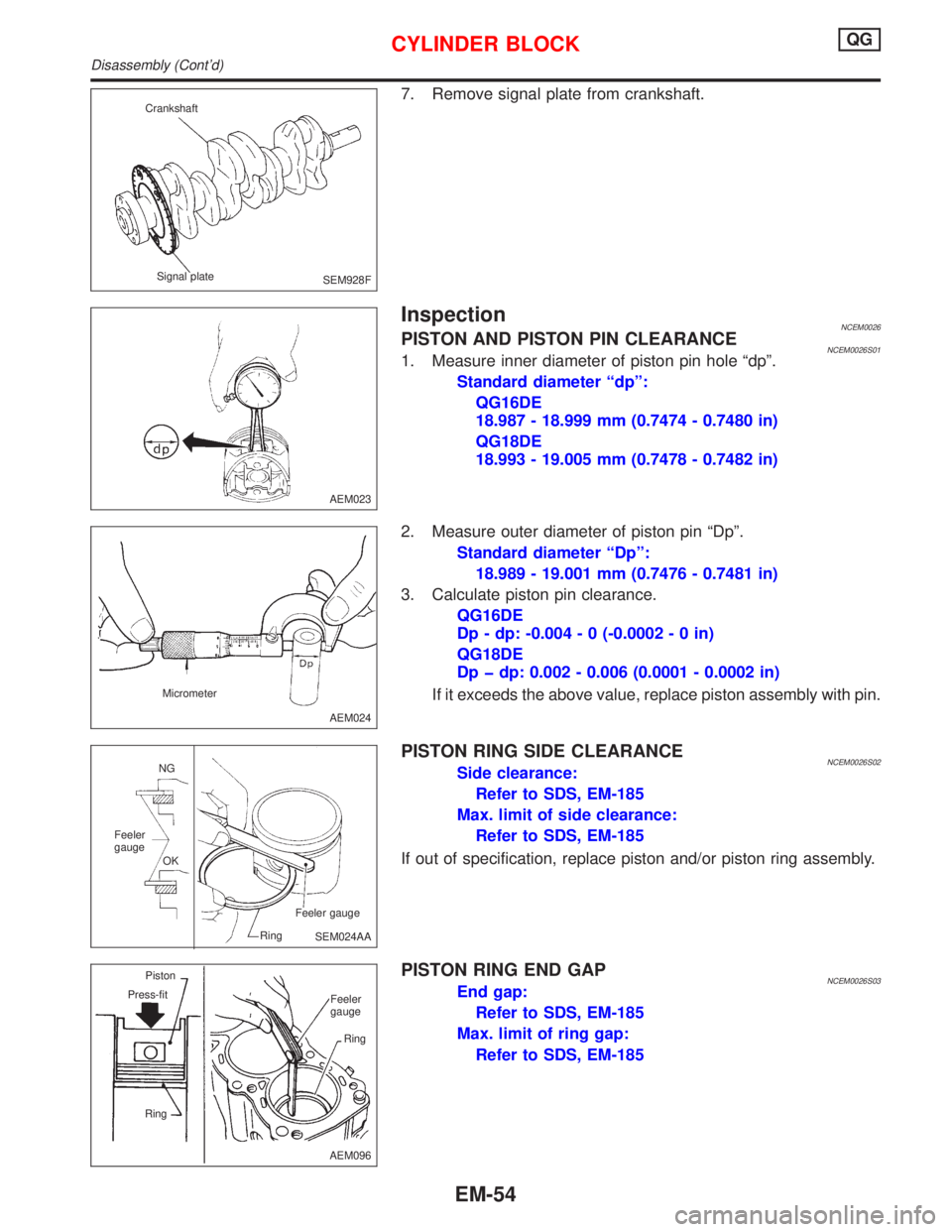 NISSAN PRIMERA 1999 Electronic Repair Manual 7. Remove signal plate from crankshaft.
InspectionNCEM0026PISTON AND PISTON PIN CLEARANCENCEM0026S011. Measure inner diameter of piston pin hole ªdpº.
Standard diameter ªdpº:
QG16DE
18.987 - 18.99 NISSAN PRIMERA 1999 Electronic Repair Manual 7. Remove signal plate from crankshaft.
InspectionNCEM0026PISTON AND PISTON PIN CLEARANCENCEM0026S011. Measure inner diameter of piston pin hole ªdpº.
Standard diameter ªdpº:
QG16DE
18.987 - 18.99