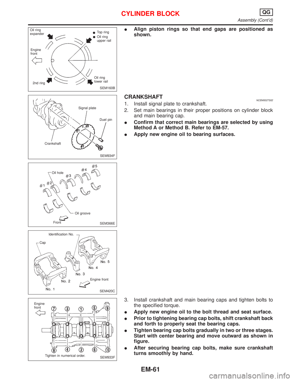 NISSAN PRIMERA 1999 Electronic Repair Manual IAlign piston rings so that end gaps are positioned as
shown.
CRANKSHAFTNCEM0027S021. Install signal plate to crankshaft.
2. Set main bearings in their proper positions on cylinder block
and main bear NISSAN PRIMERA 1999 Electronic Repair Manual IAlign piston rings so that end gaps are positioned as
shown.
CRANKSHAFTNCEM0027S021. Install signal plate to crankshaft.
2. Set main bearings in their proper positions on cylinder block
and main bear