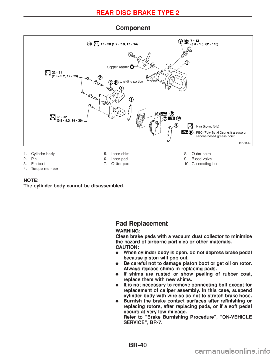 NISSAN PRIMERA 1999  Electronic Repair Manual Component
1. Cylinder body
2. Pin
3. Pin boot
4. Torque member5. Inner shim
6. Inner pad
7. OUter pad8. Outer shim
9. Bleed valve
10. Connecting bolt
NOTE:
The cylinder body cannot be disassembled.
Pa