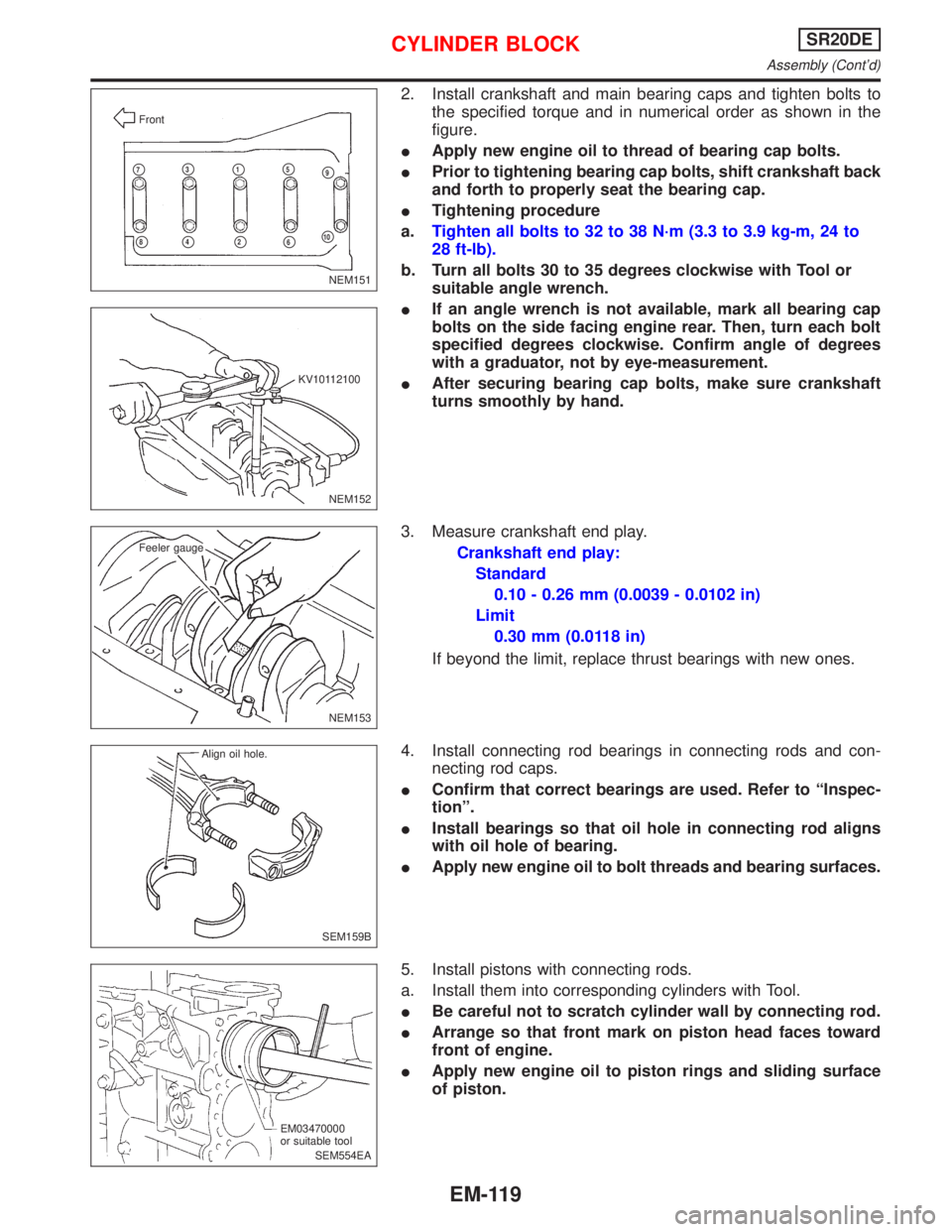 NISSAN PRIMERA 1999  Electronic Repair Manual 2. Install crankshaft and main bearing caps and tighten bolts to
the specified torque and in numerical order as shown in the
figure.
IApply new engine oil to thread of bearing cap bolts.
IPrior to tig