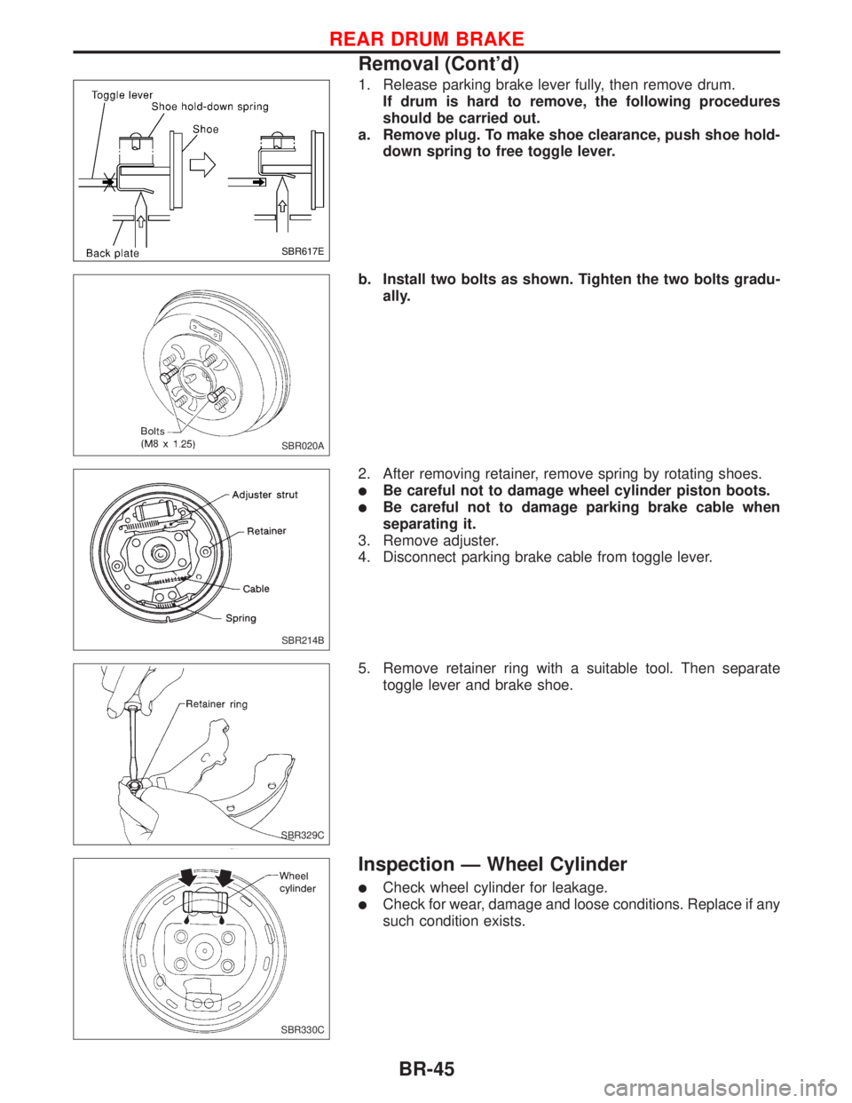 NISSAN PRIMERA 1999  Electronic Repair Manual 1. Release parking brake lever fully, then remove drum.
If drum is hard to remove, the following procedures
should be carried out.
a. Remove plug. To make shoe clearance, push shoe hold-
down spring t