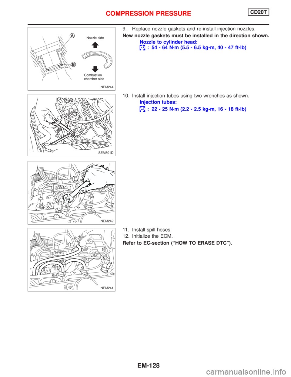 NISSAN PRIMERA 1999  Electronic Repair Manual 9. Replace nozzle gaskets and re-install injection nozzles.
New nozzle gaskets must be installed in the direction shown.
Nozzle to cylinder head:
: 54 - 64 N´m (5.5 - 6.5 kg-m, 40 - 47 ft-lb)
10. Ins