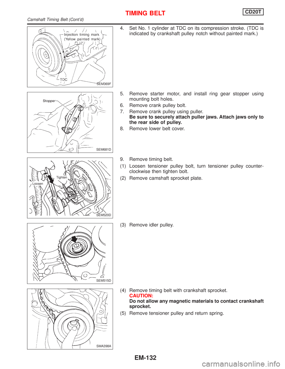 NISSAN PRIMERA 1999  Electronic Repair Manual 4. Set No. 1 cylinder at TDC on its compression stroke. (TDC is
indicated by crankshaft pulley notch without painted mark.)
5. Remove starter motor, and install ring gear stopper using
mounting bolt h