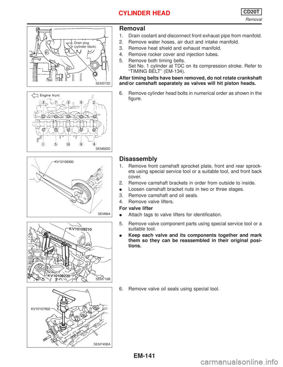 NISSAN PRIMERA 1999  Electronic Repair Manual Removal
1. Drain coolant and disconnect front exhaust pipe from manifold.
2. Remove water hoses, air duct and intake manifold.
3. Remove heat shield and exhaust manifold.
4. Remove rocker cover and in