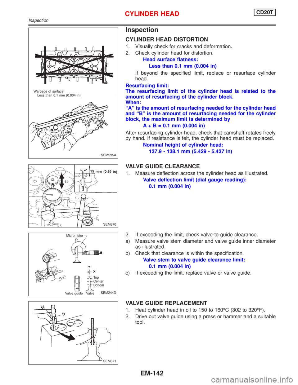NISSAN PRIMERA 1999  Electronic Repair Manual Inspection
CYLINDER HEAD DISTORTION
1. Visually check for cracks and deformation.
2. Check cylinder head for distortion.
Head surface flatness:
Less than 0.1 mm (0.004 in)
If beyond the specified limi