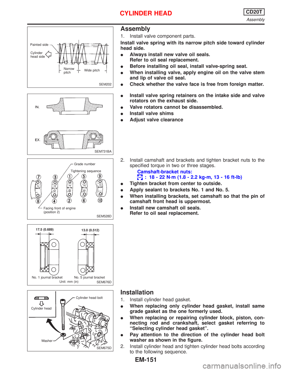 NISSAN PRIMERA 1999  Electronic Repair Manual Assembly
1. Install valve component parts.
Install valve spring with its narrow pitch side toward cylinder
head side.
IAlways install new valve oil seals.
Refer to oil seal replacement.
IBefore instal