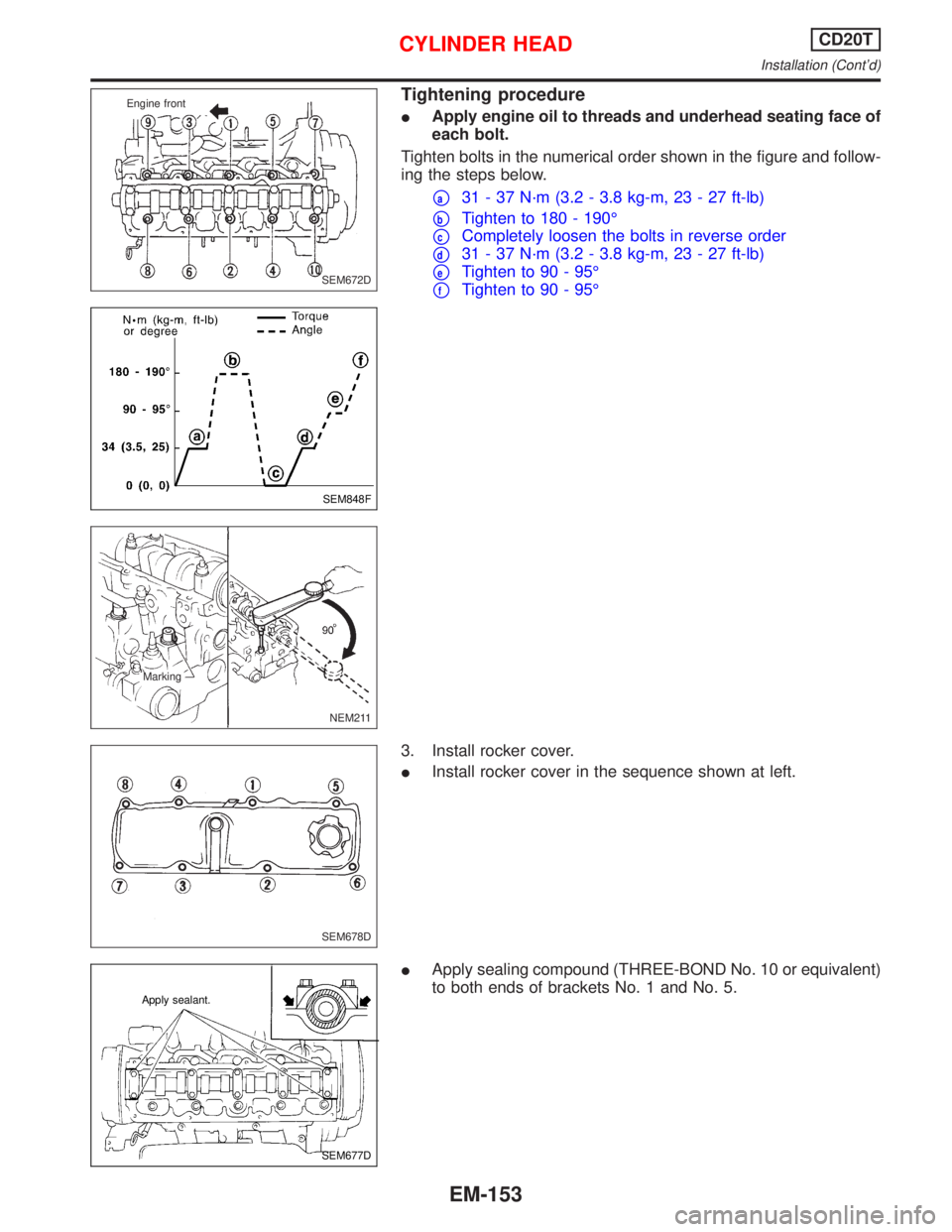 NISSAN PRIMERA 1999  Electronic Repair Manual Tightening procedure
IApply engine oil to threads and underhead seating face of
each bolt.
Tighten bolts in the numerical order shown in the figure and follow-
ing the steps below.
pa31 - 37 N´m (3.2