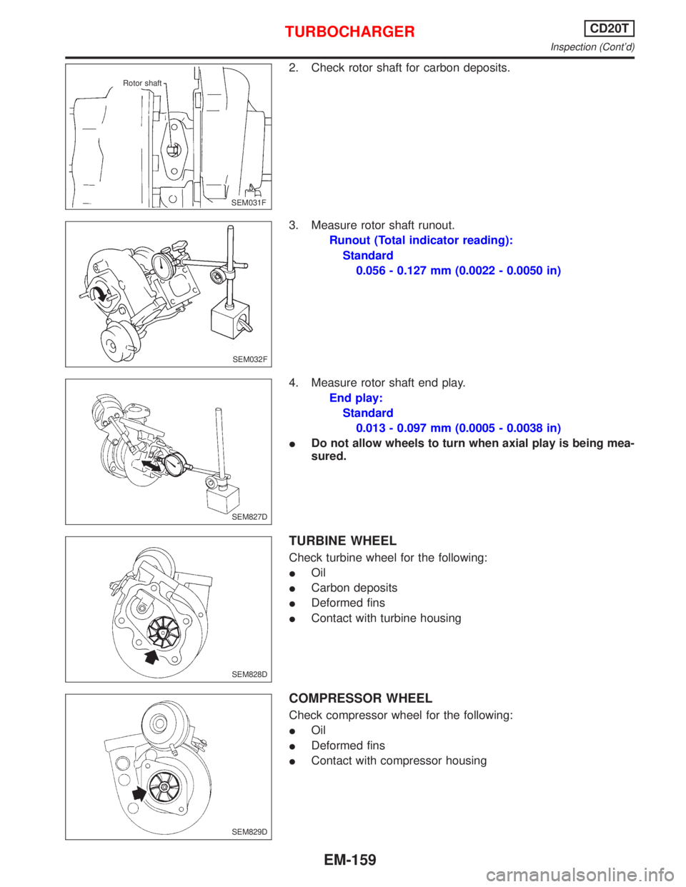 NISSAN PRIMERA 1999  Electronic Repair Manual 2. Check rotor shaft for carbon deposits.
3. Measure rotor shaft runout.
Runout (Total indicator reading):
Standard
0.056 - 0.127 mm (0.0022 - 0.0050 in)
4. Measure rotor shaft end play.
End play:
Sta