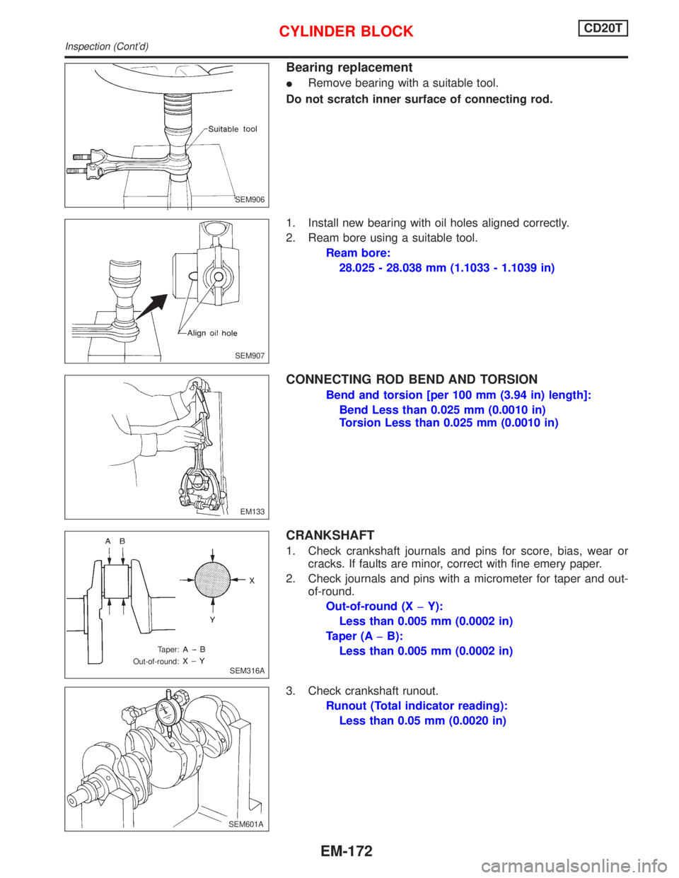 NISSAN PRIMERA 1999  Electronic Repair Manual Bearing replacement
IRemove bearing with a suitable tool.
Do not scratch inner surface of connecting rod.
1. Install new bearing with oil holes aligned correctly.
2. Ream bore using a suitable tool.
R