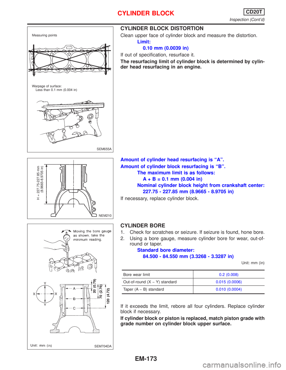 NISSAN PRIMERA 1999  Electronic Repair Manual CYLINDER BLOCK DISTORTION
Clean upper face of cylinder block and measure the distortion.
Limit:
0.10 mm (0.0039 in)
If out of specification, resurface it.
The resurfacing limit of cylinder block is de