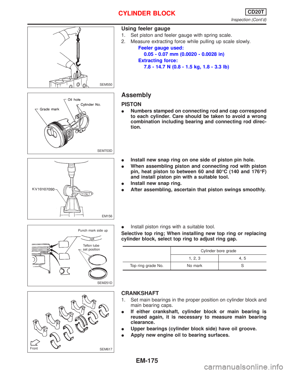 NISSAN PRIMERA 1999  Electronic Repair Manual Using feeler gauge
1. Set piston and feeler gauge with spring scale.
2. Measure extracting force while pulling up scale slowly.
Feeler gauge used:
0.05 - 0.07 mm (0.0020 - 0.0028 in)
Extracting force: