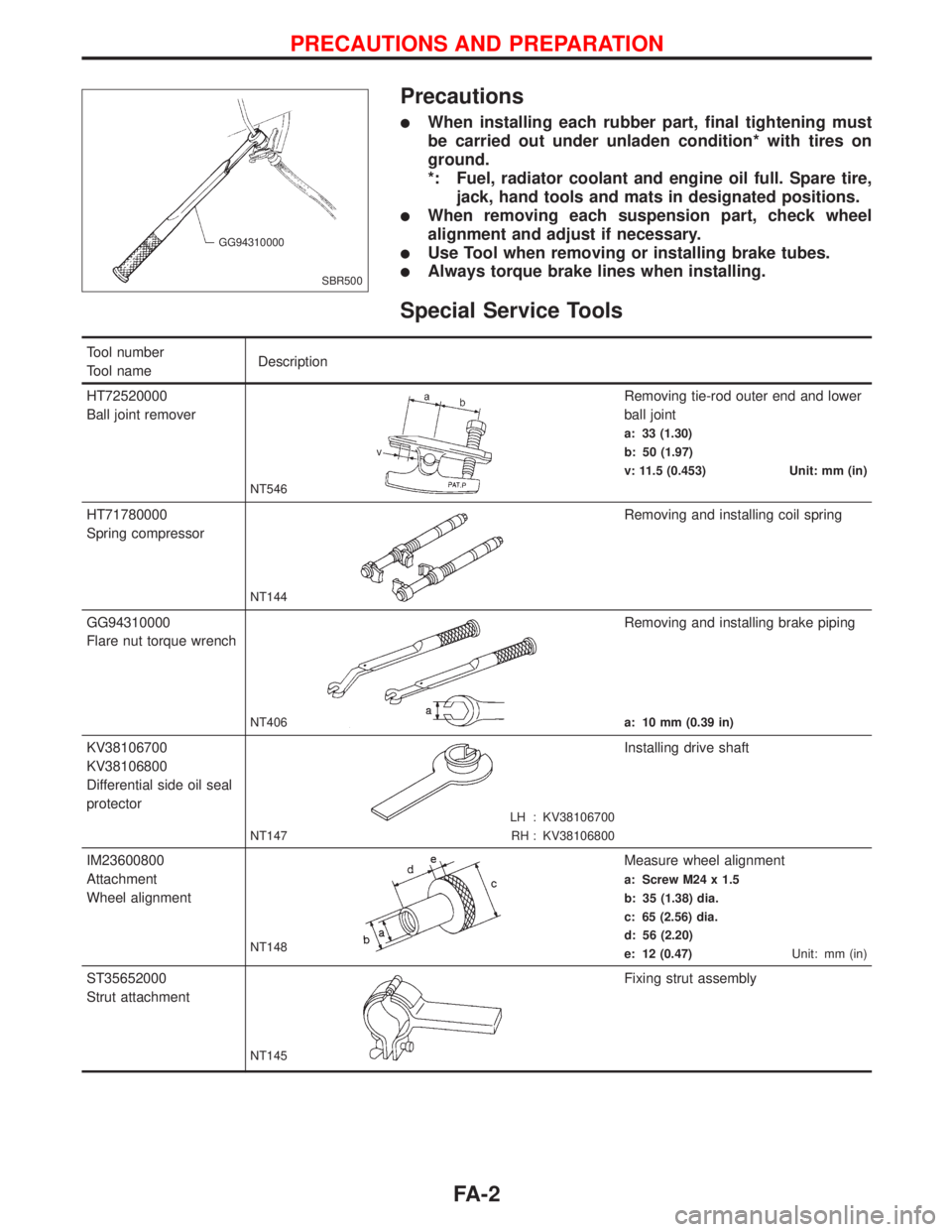 NISSAN PRIMERA 1999  Electronic Repair Manual Precautions
lWhen installing each rubber part, final tightening must
be carried out under unladen condition* with tires on
ground.
*: Fuel, radiator coolant and engine oil full. Spare tire,
jack, hand