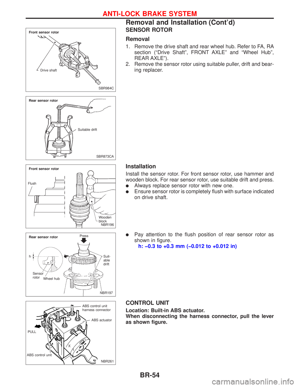 NISSAN PRIMERA 1999 Electronic Repair Manual SENSOR ROTOR
Removal
1. Remove the drive shaft and rear wheel hub. Refer to FA, RA
section (ªDrive Shaftº, FRONT AXLEº and ªWheel Hubº,
REAR AXLEº).
2. Remove the sensor rotor using suitable pul NISSAN PRIMERA 1999 Electronic Repair Manual SENSOR ROTOR
Removal
1. Remove the drive shaft and rear wheel hub. Refer to FA, RA
section (ªDrive Shaftº, FRONT AXLEº and ªWheel Hubº,
REAR AXLEº).
2. Remove the sensor rotor using suitable pul