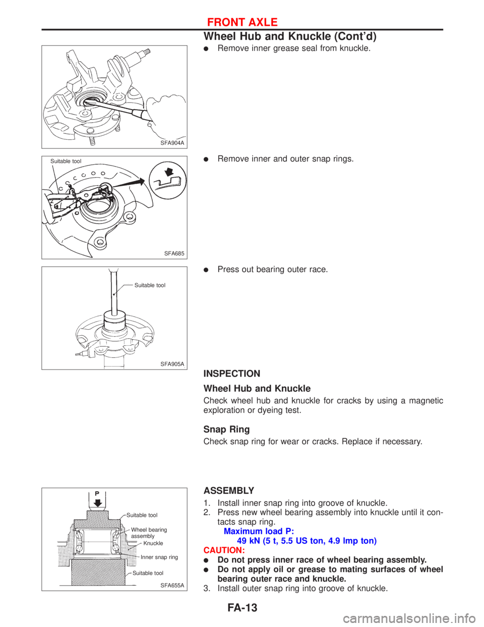 NISSAN PRIMERA 1999  Electronic Repair Manual lRemove inner grease seal from knuckle.
lRemove inner and outer snap rings.
lPress out bearing outer race.
INSPECTION
Wheel Hub and Knuckle
Check wheel hub and knuckle for cracks by using a magnetic
e
