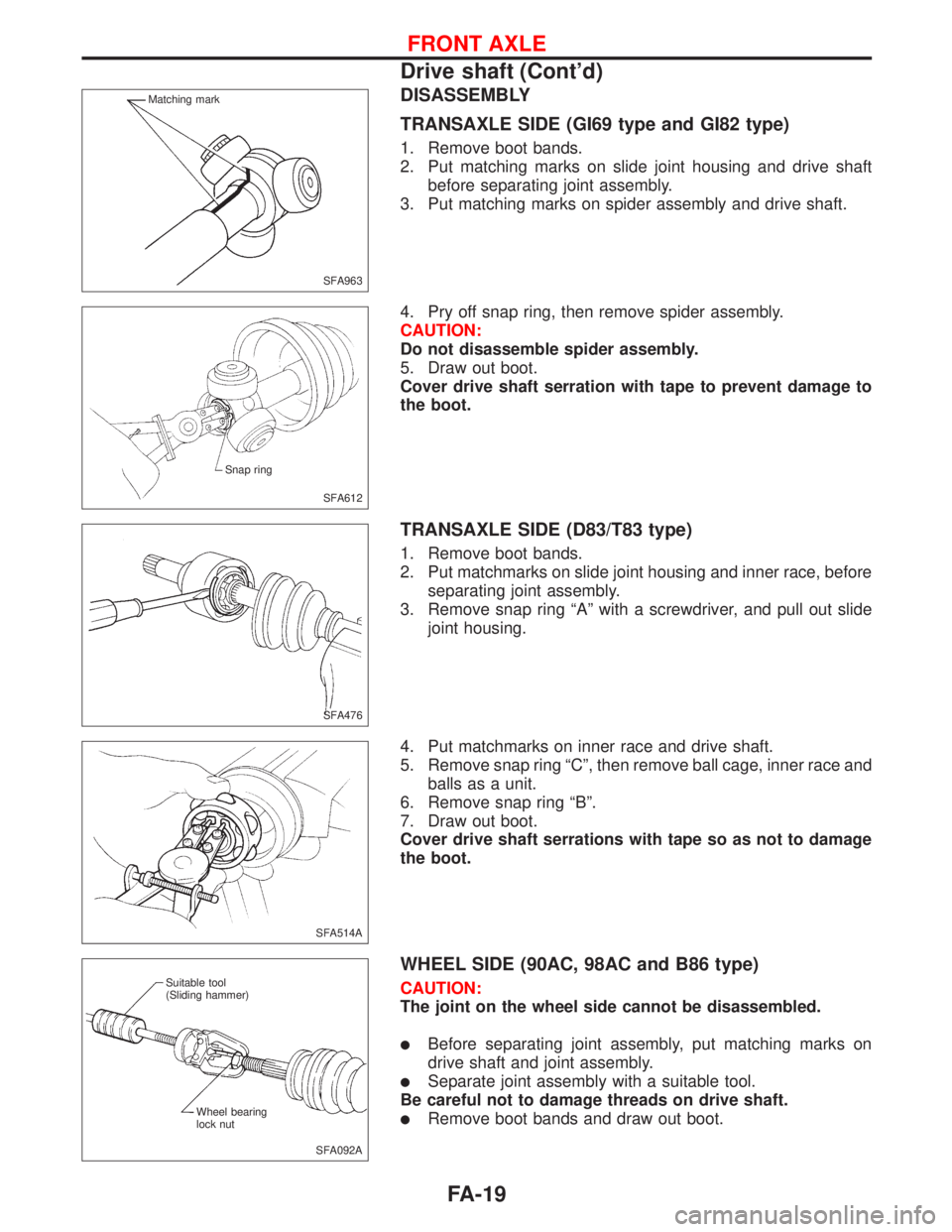 NISSAN PRIMERA 1999  Electronic Repair Manual DISASSEMBLY
TRANSAXLE SIDE (GI69 type and GI82 type)
1. Remove boot bands.
2. Put matching marks on slide joint housing and drive shaft
before separating joint assembly.
3. Put matching marks on spide