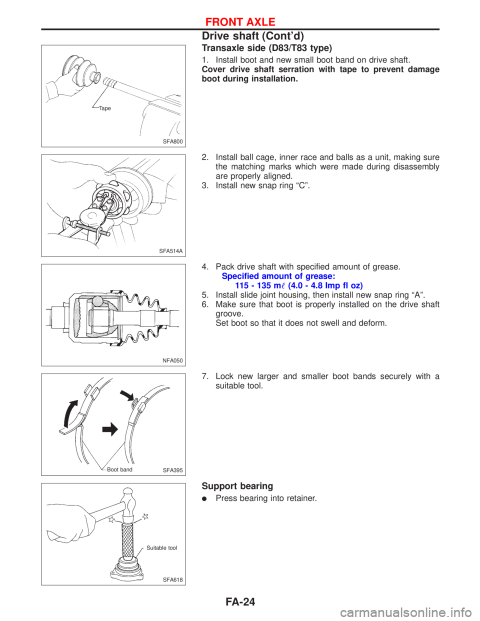 NISSAN PRIMERA 1999  Electronic Repair Manual Transaxle side (D83/T83 type)
1. Install boot and new small boot band on drive shaft.
Cover drive shaft serration with tape to prevent damage
boot during installation.
2. Install ball cage, inner race