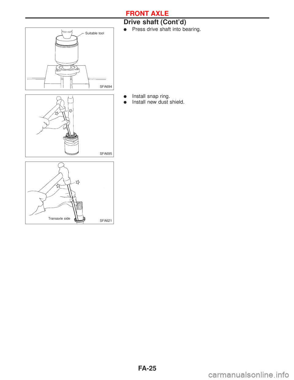 NISSAN PRIMERA 1999  Electronic Repair Manual lPress drive shaft into bearing.
lInstall snap ring.
lInstall new dust shield.
SFA694 Suitable tool
SFA695
SFA621 Transaxle side
FRONT AXLE
Drive shaft (Contd)
FA-25 