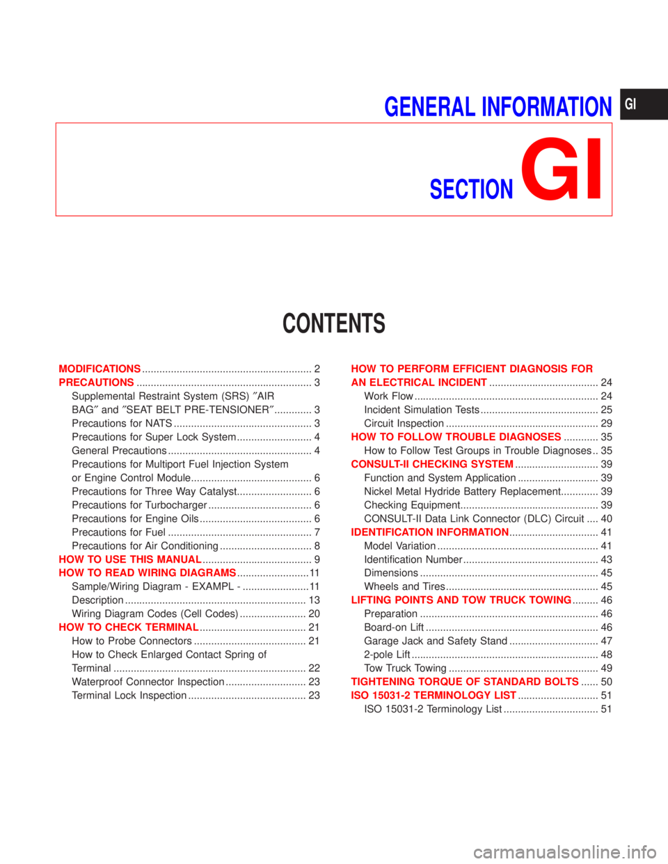 NISSAN PRIMERA 1999  Electronic Repair Manual GENERAL INFORMATION
SECTION
GI
CONTENTS
MODIFICATIONS........................................................... 2
PRECAUTIONS............................................................. 3
Supplement