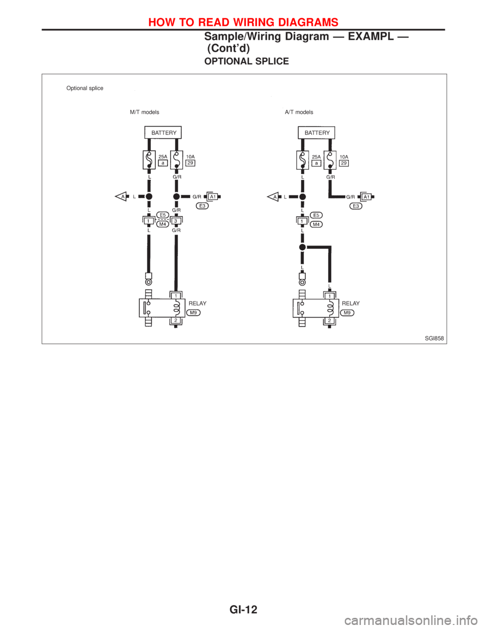 NISSAN PRIMERA 1999 Electronic Repair Manual OPTIONAL SPLICE
SGI858 BATTERY BATTERY Optional splice
M/T models A/T models
RELAY RELAY
HOW TO READ WIRING DIAGRAMS
Sample/Wiring Diagram Ð EXAMPL Ð
(Contd)
GI-12 NISSAN PRIMERA 1999 Electronic Repair Manual OPTIONAL SPLICE
SGI858 BATTERY BATTERY Optional splice
M/T models A/T models
RELAY RELAY
HOW TO READ WIRING DIAGRAMS
Sample/Wiring Diagram Ð EXAMPL Ð
(Contd)
GI-12
