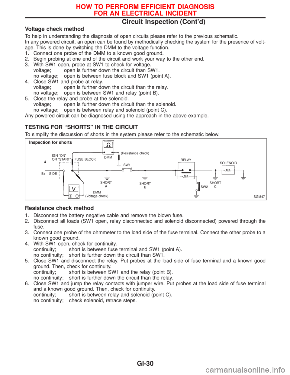 NISSAN PRIMERA 1999 Electronic Repair Manual Voltage check method
To help in understanding the diagnosis of open circuits please refer to the previous schematic.
In any powered circuit, an open can be found by methodically checking the system fo NISSAN PRIMERA 1999 Electronic Repair Manual Voltage check method
To help in understanding the diagnosis of open circuits please refer to the previous schematic.
In any powered circuit, an open can be found by methodically checking the system fo