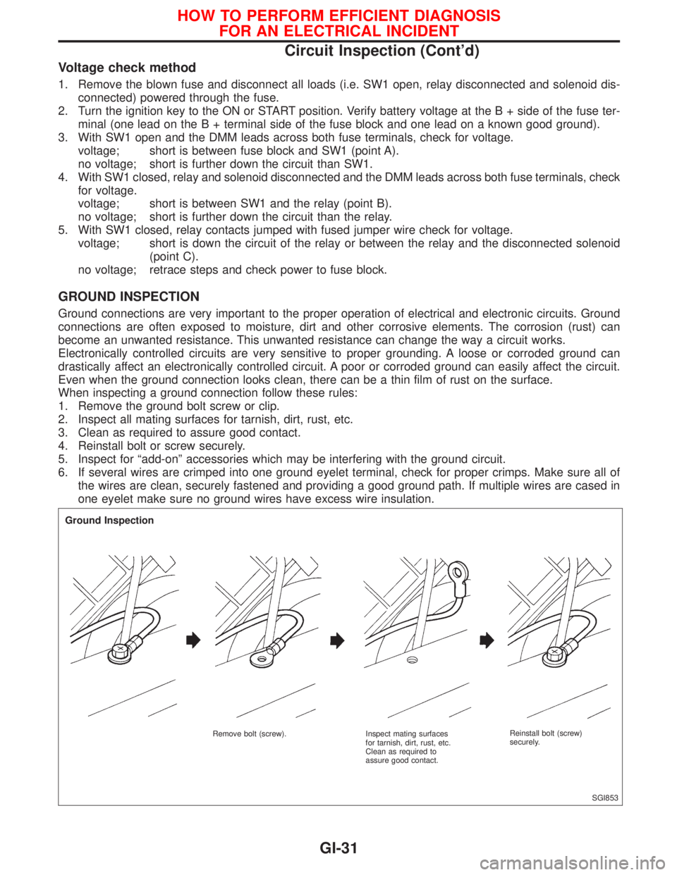 NISSAN PRIMERA 1999 Electronic Repair Manual Voltage check method
1. Remove the blown fuse and disconnect all loads (i.e. SW1 open, relay disconnected and solenoid dis-
connected) powered through the fuse.
2. Turn the ignition key to the ON or S NISSAN PRIMERA 1999 Electronic Repair Manual Voltage check method
1. Remove the blown fuse and disconnect all loads (i.e. SW1 open, relay disconnected and solenoid dis-
connected) powered through the fuse.
2. Turn the ignition key to the ON or S