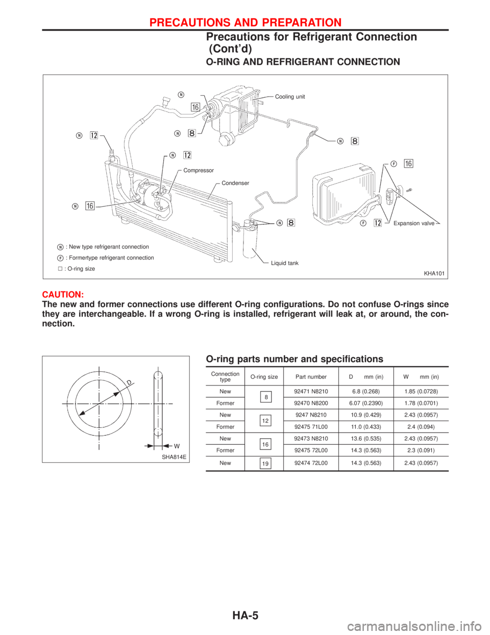 NISSAN PRIMERA 1999 Electronic Repair Manual O-RING AND REFRIGERANT CONNECTION
CAUTION:
The new and former connections use different O-ring configurations. Do not confuse O-rings since
they are interchangeable. If a wrong O-ring is installed, re NISSAN PRIMERA 1999 Electronic Repair Manual O-RING AND REFRIGERANT CONNECTION
CAUTION:
The new and former connections use different O-ring configurations. Do not confuse O-rings since
they are interchangeable. If a wrong O-ring is installed, re