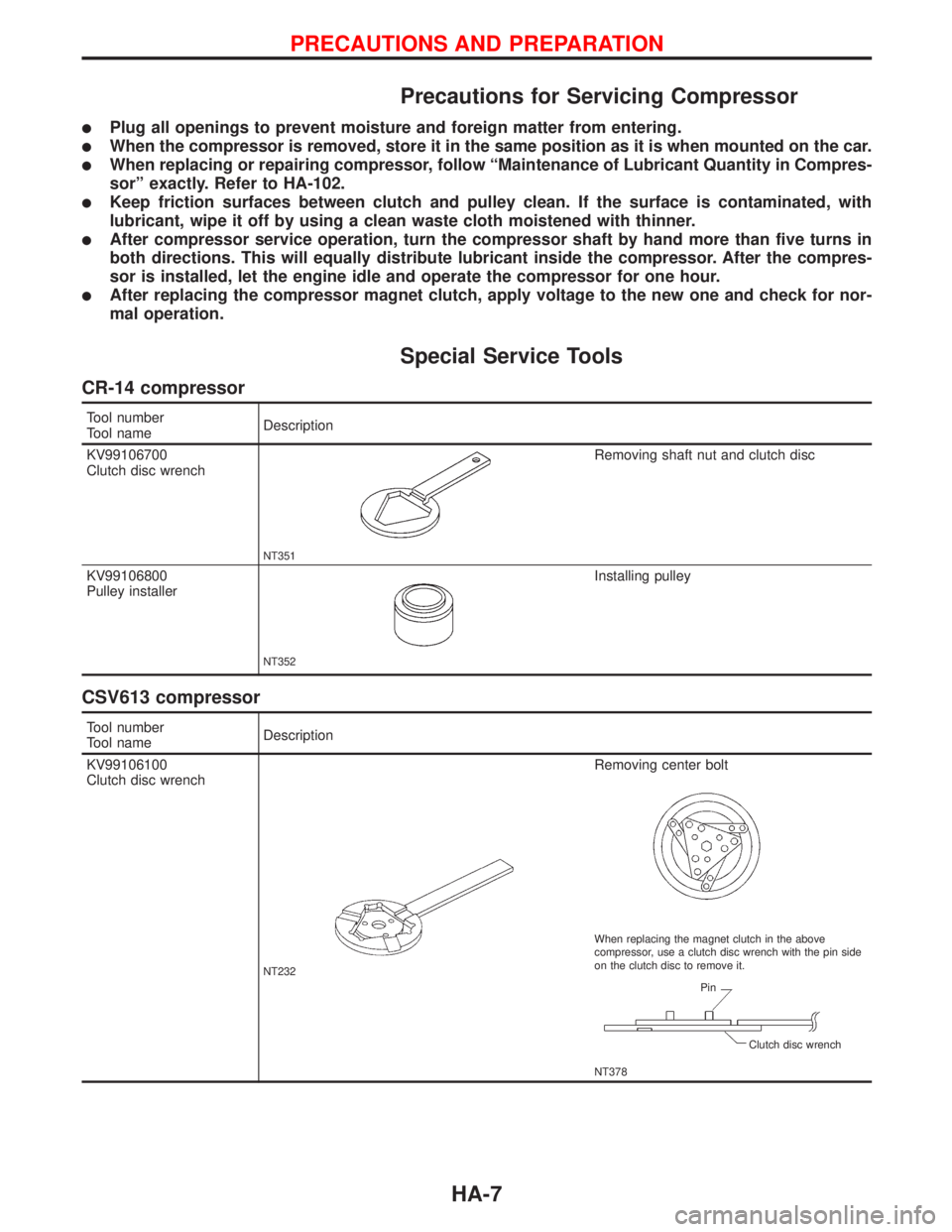 NISSAN PRIMERA 1999 Electronic Repair Manual Precautions for Servicing Compressor
lPlug all openings to prevent moisture and foreign matter from entering.
lWhen the compressor is removed, store it in the same position as it is when mounted on th NISSAN PRIMERA 1999 Electronic Repair Manual Precautions for Servicing Compressor
lPlug all openings to prevent moisture and foreign matter from entering.
lWhen the compressor is removed, store it in the same position as it is when mounted on th