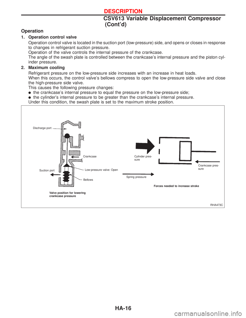 NISSAN PRIMERA 1999 Electronic Repair Manual Operation
1. Operation control valve
Operation control valve is located in the suction port (low-pressure) side, and opens or closes in response
to changes in refrigerant suction pressure.
Operation o NISSAN PRIMERA 1999 Electronic Repair Manual Operation
1. Operation control valve
Operation control valve is located in the suction port (low-pressure) side, and opens or closes in response
to changes in refrigerant suction pressure.
Operation o