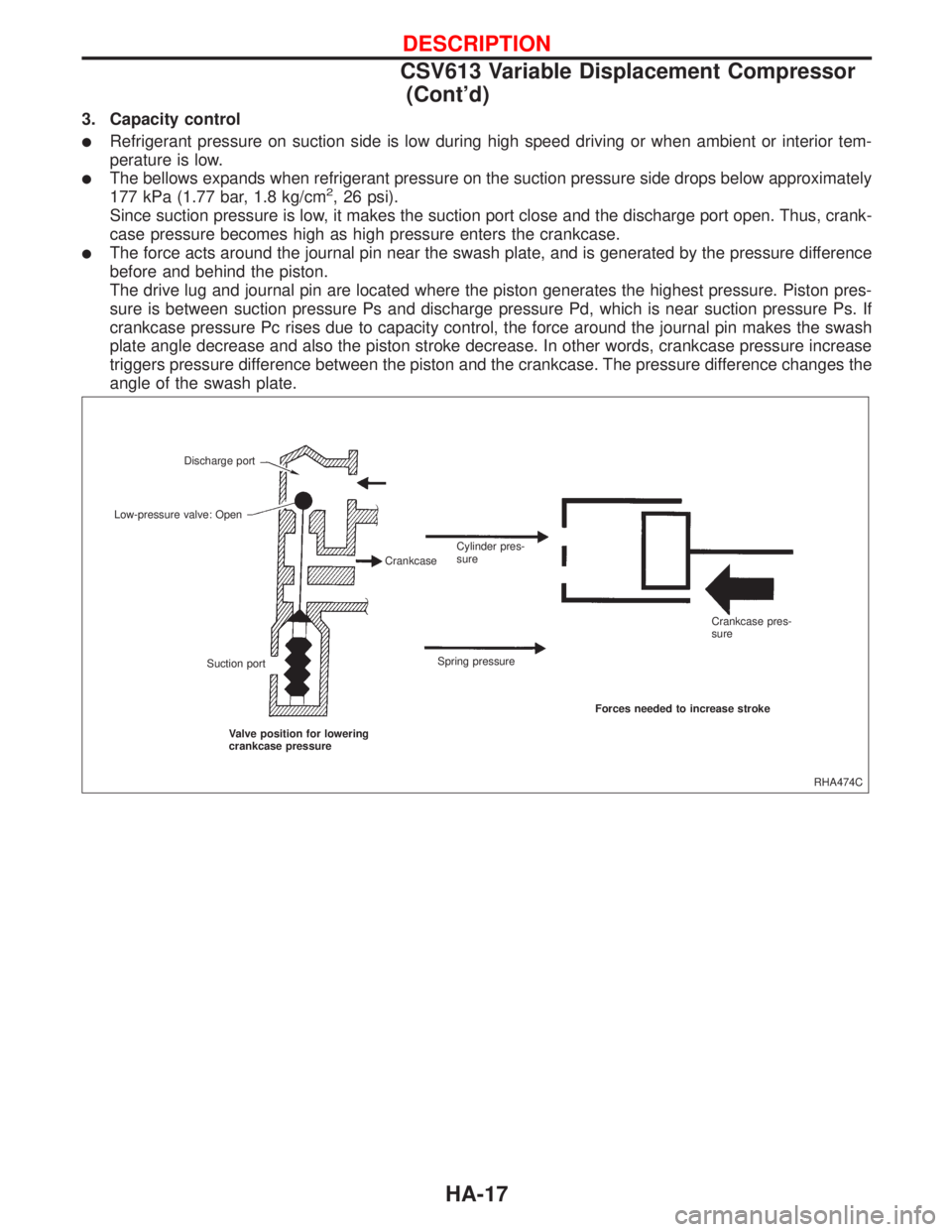 NISSAN PRIMERA 1999 Electronic Repair Manual 3. Capacity control
lRefrigerant pressure on suction side is low during high speed driving or when ambient or interior tem-
perature is low.
lThe bellows expands when refrigerant pressure on the sucti NISSAN PRIMERA 1999 Electronic Repair Manual 3. Capacity control
lRefrigerant pressure on suction side is low during high speed driving or when ambient or interior tem-
perature is low.
lThe bellows expands when refrigerant pressure on the sucti