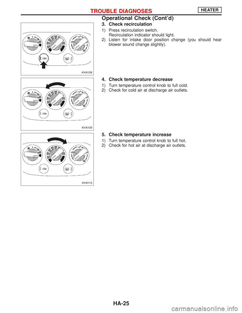 NISSAN PRIMERA 1999 Electronic Repair Manual 3. Check recirculation
1) Press recirculation switch.
Recirculation indicator should light.
2) Listen for intake door position change (you should hear
blower sound change slightly).
4. Check temperatu NISSAN PRIMERA 1999 Electronic Repair Manual 3. Check recirculation
1) Press recirculation switch.
Recirculation indicator should light.
2) Listen for intake door position change (you should hear
blower sound change slightly).
4. Check temperatu